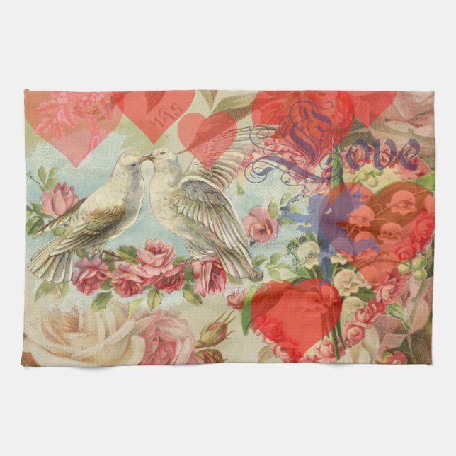 Love Birds Vintage Antique Heart Kitchen Towel (Horizontal)