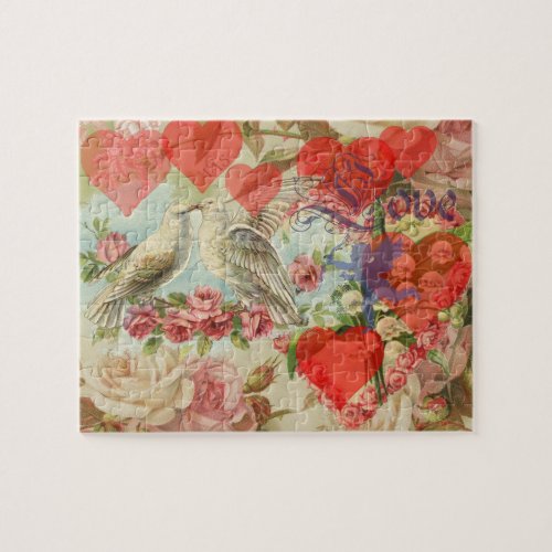 Love birds vintage antique heart love jigsaw puzzle