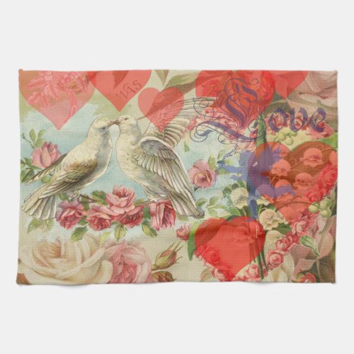 Love birds vintage antique heart love kitchen towel