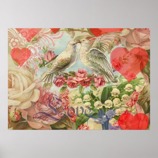 Love birds vintage antique heart love poster