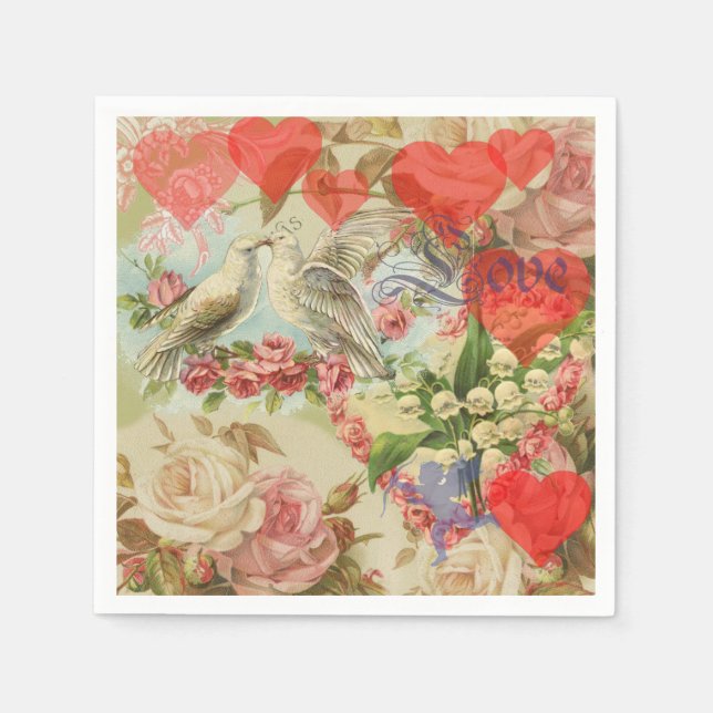 Love Birds Vintage Antique Heart Napkins (Front)