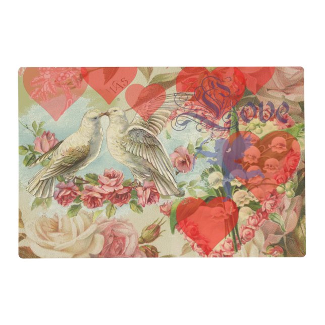 Love Birds Vintage Antique Heart Placemat (Front)