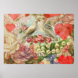 Love Birds Vintage Antique Heart Poster