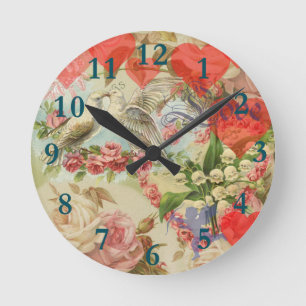 Love Birds Vintage Antique Heart Round Clock