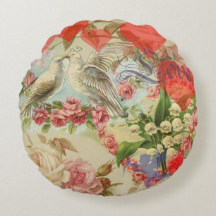Love Birds Vintage Antique Heart Round Pillow