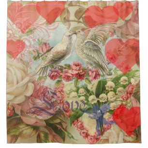 Love Birds Vintage Antique Heart Shower Curtain