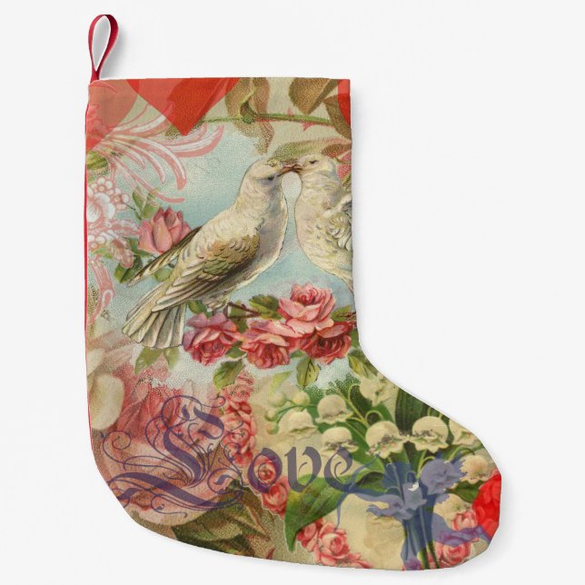 Love Birds Vintage Antique Heart Small Christmas Stocking (Front)