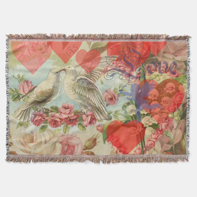 Love Birds Vintage Antique Heart Throw Blanket (Front)