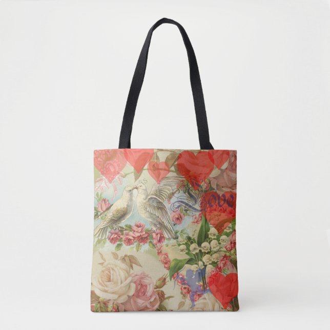 Love Birds Vintage Antique Heart Tote Bag (Front)