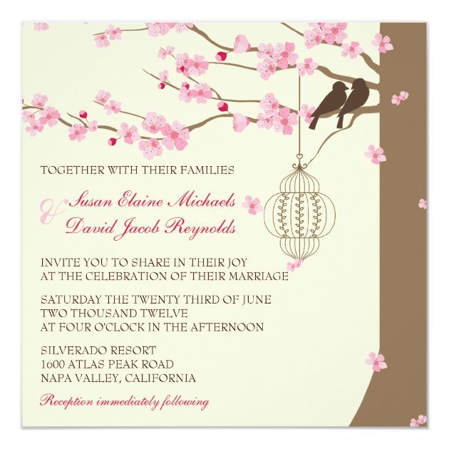 Love Birds Vintage Cage Cherry Blossom Wedding Invitation