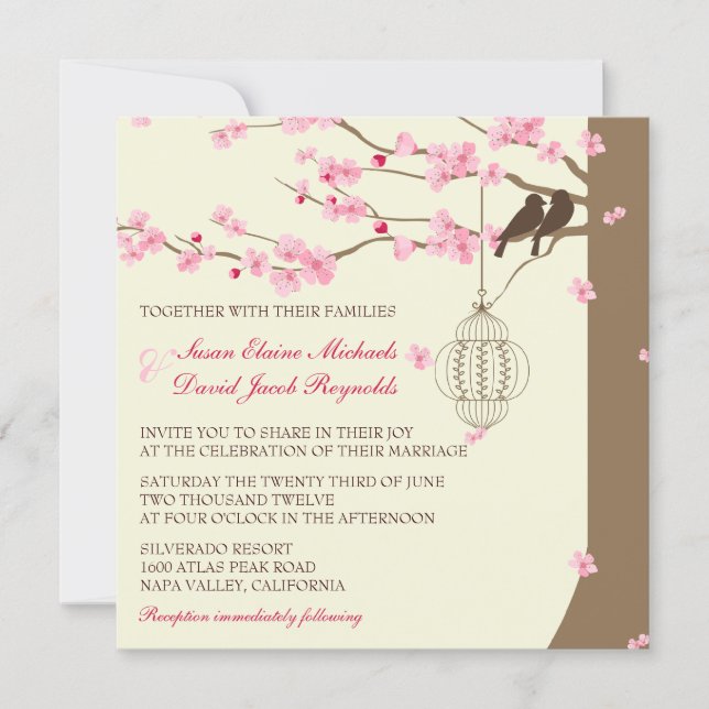 Love Birds Vintage Cage Cherry Blossom Wedding Invitation (Front)