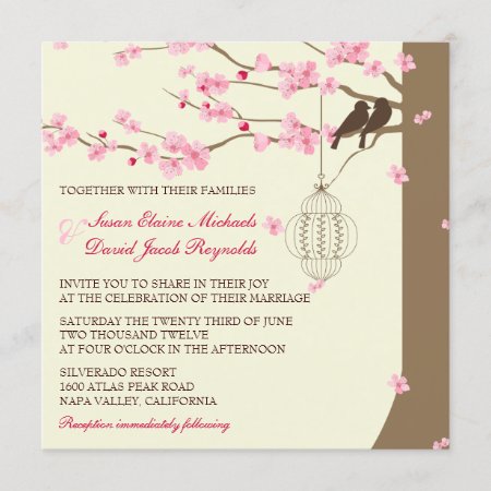 Love Birds Vintage Cage Cherry Blossom Wedding Invitation