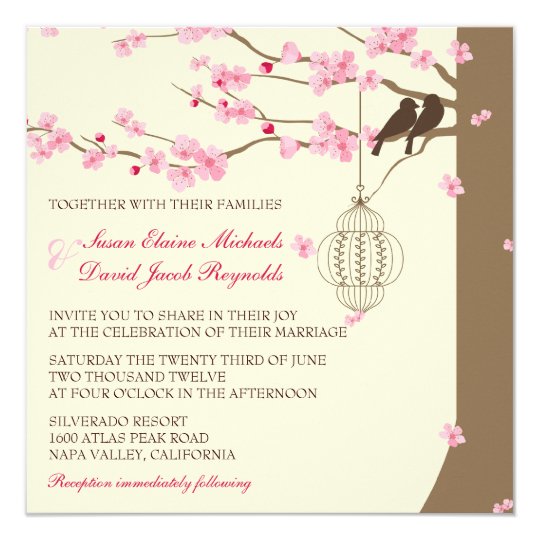 Love Birds Vintage Cage Cherry Blossom Wedding Invitation Zazzle Love Birds Vintage Cage Cherry Blossom Wedding Invitation