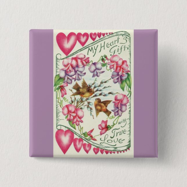 Love Birds Vintage Valentine's Day Pin Button (Front)
