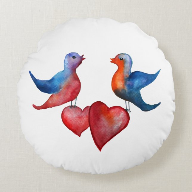 Love Birds, Watercolor Art Round throw cushion (Front)