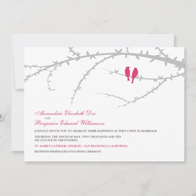 Love Birds Wedding Invitation (fuchsia) (Front)