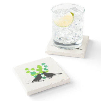 Love Birds with Green Hearts Stone Coaster