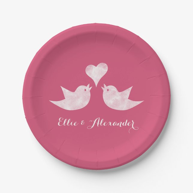 Love Birds with Heart Custom Text Paper Plates (Front)