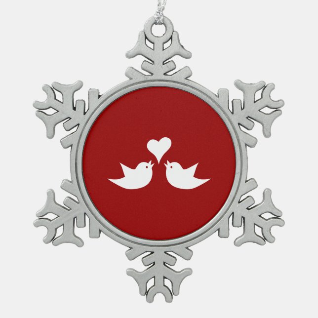 Love Birds with Heart Wedding Enagement Snowflake Pewter Christmas Ornament (Front)
