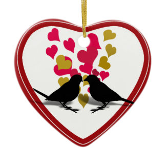 Love Birds With Red & Gold Hearts Ceramic Ornament