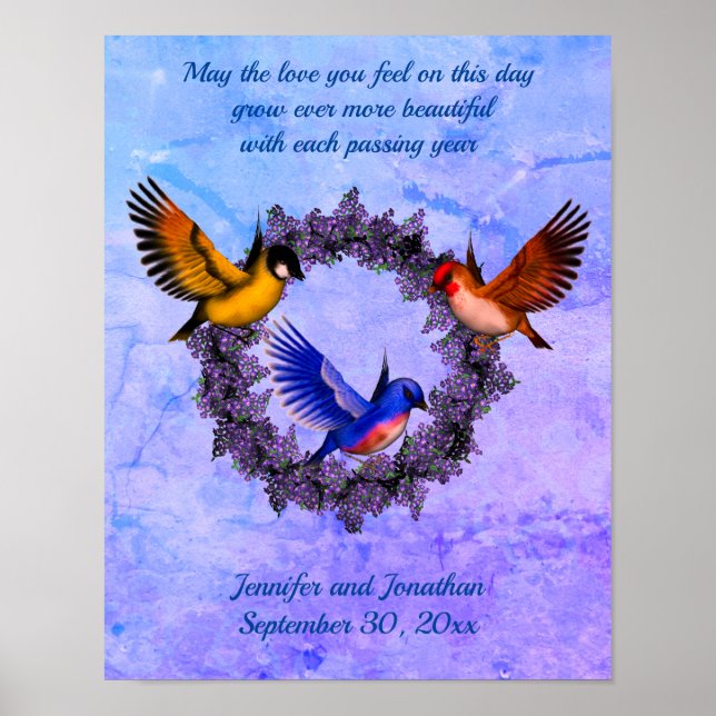 Love Birds Wreath Personalized Wedding Poster (Front)