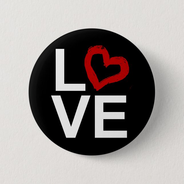 LOVE, Black and White with Red Sketched Heart Button (Front)