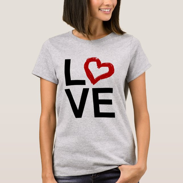 LOVE, Black and White with Red Sketched Heart T-Shirt (Front)