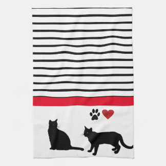 Love Black Cat with Black White Stripes Decor Kitchen Towel
