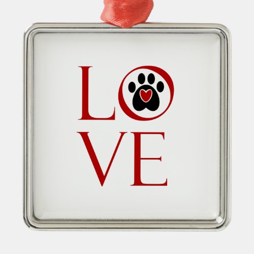 Love Black Paw Print Red Heart Metal Ornament