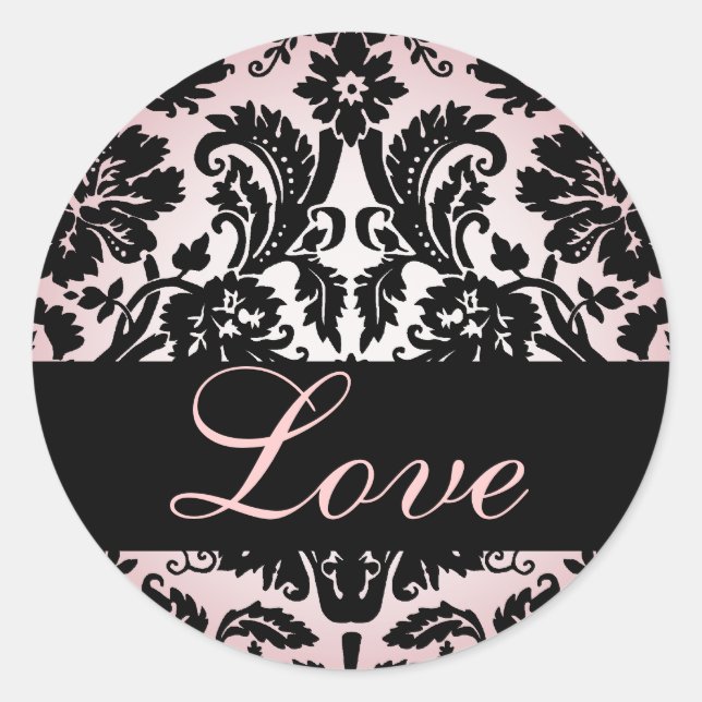 Love Black & Pink Damask Wedding Sticker (Front)