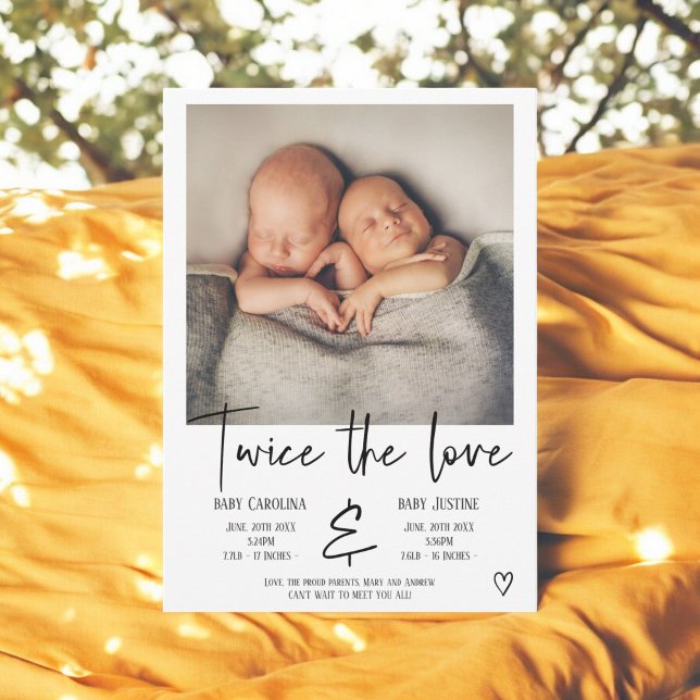 Love black script heart photo baby twins birth announcement (Love black script heart photo baby twins birth announcement)