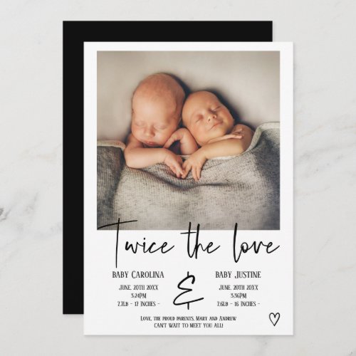 Love black script heart photo baby twins birth announcement