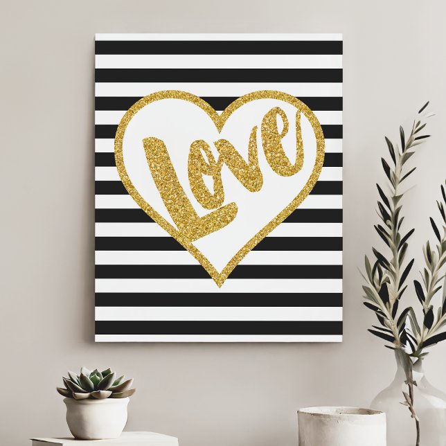 Love Black & White Gold Glitter Stripes Canvas Print (Creator Uploaded)