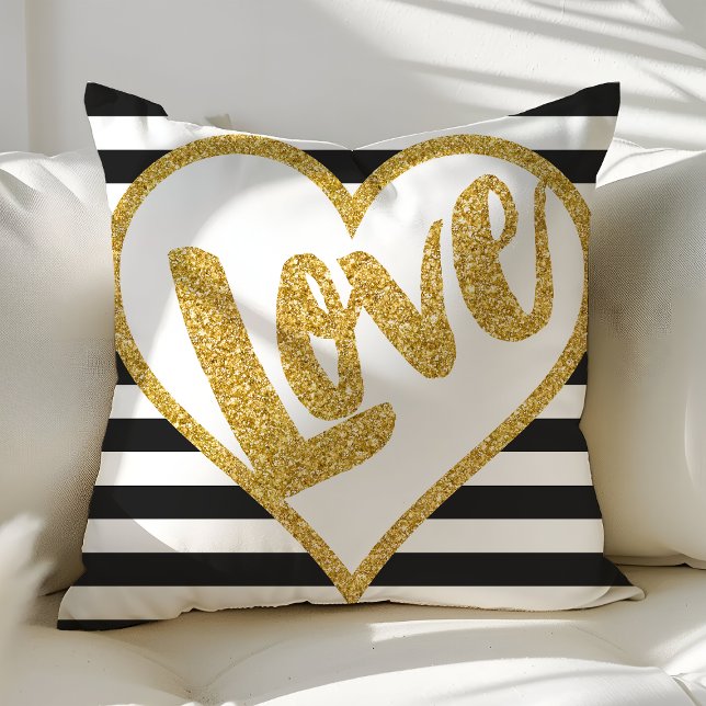 Love Black & White Gold Glitter Stripes Throw Pillow (Creator Uploaded)