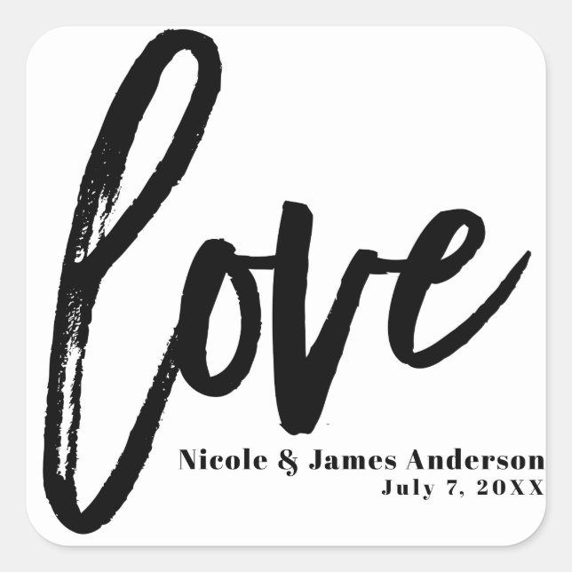 LOVE Black White Modern Typography Wedding Favor Square Sticker (Front)