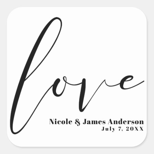 LOVE Black White Modern Typography Wedding Favor Square Sticker