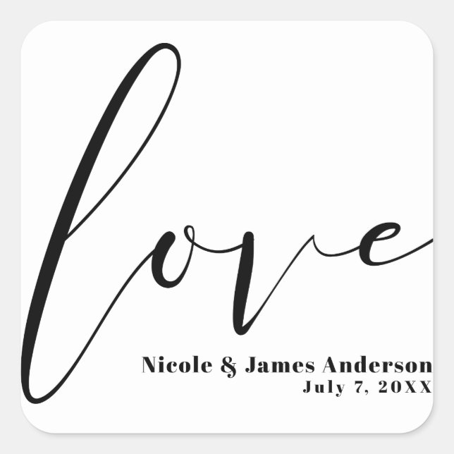 LOVE Black White Modern Typography Wedding Favor Square Sticker (Front)