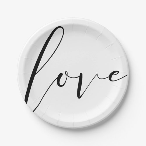 LOVE Black White Modern Typography Wedding Party Paper Plates