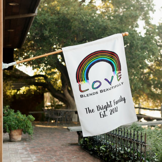 Love Blends Beautifully, colorful modern rainbow House Flag (In SItu)