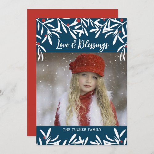 Love  Blessings Red Berries Blue Christmas 2 Pics Holiday Card