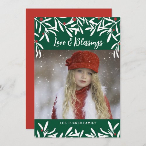 Love  Blessings Red Berries Green Christmas Photo Holiday Card
