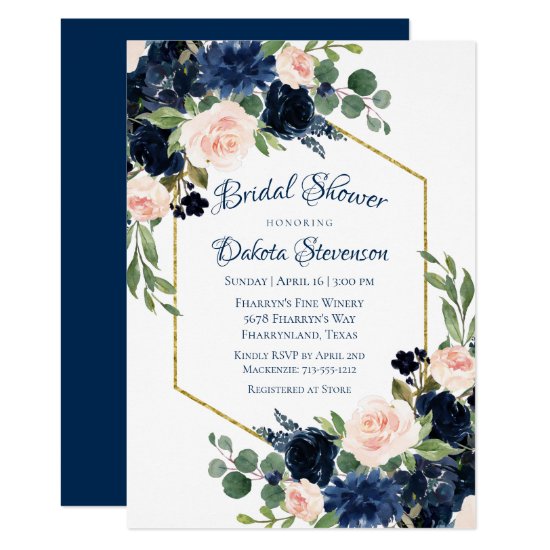 Love Bloom | Chic Blush Navy Floral Bridal Shower Invitation