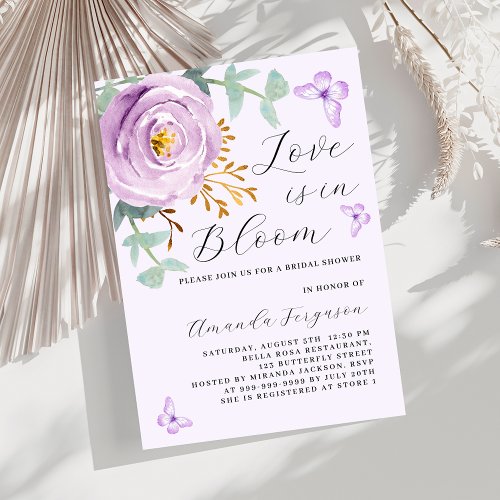 Love Bloom purple rose butterfly Bridal Shower Invitation
