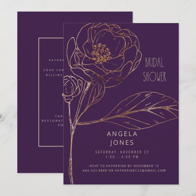 Love Blooming Plum Gold Floral Bridal Shower Invitation (Front/Back)
