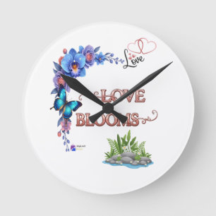 Love Blooms" Aesthetic Floral Bouquet & Butterfly  Round Clock