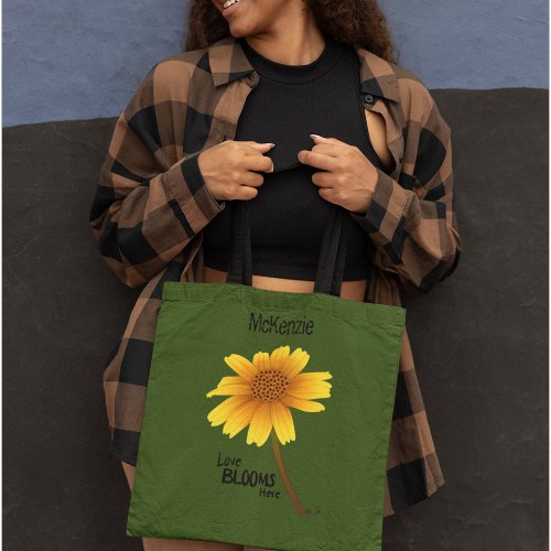 Love BLOOMS Here Personalized Yellow Flower   Tote Bag
