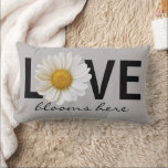 Love Blooms Here White Daisy Gray Lumbar Pillow<br><div class="desc">Text "Love blooms here" with a white daisy flower replacing the letter "o" on gray background.</div>