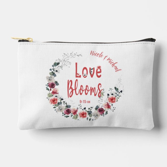 Love Blooms Personalized Bride Groom Wedding Date Accessory Pouch (Front)