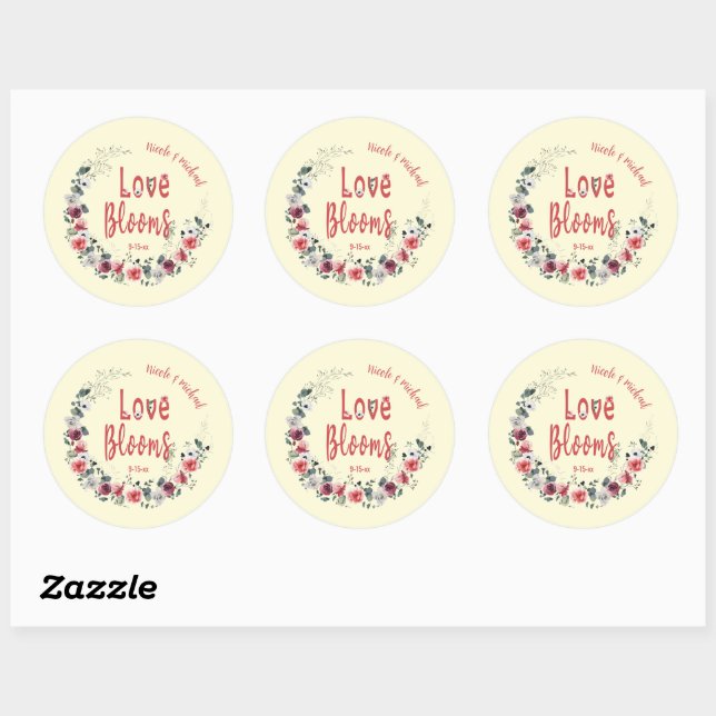 Love Blooms Personalized Bride Groom Wedding Date Classic Round Sticker (Sheet)