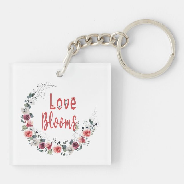 Love Blooms Personalized Bride Groom Wedding Date Keychain (Back)